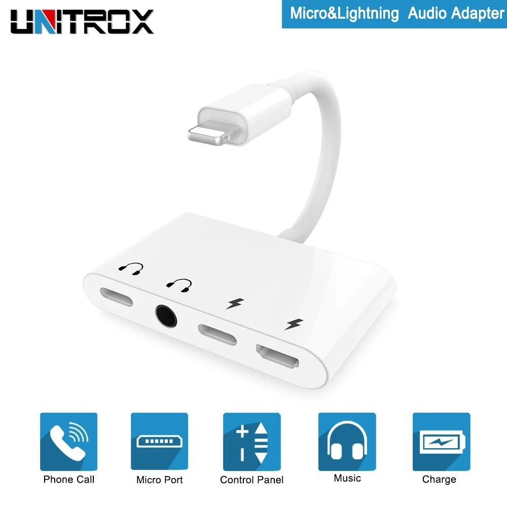 

4 in 1 For Lightning to Audio 3.5mm Headphone Aux Jack Adapter With Micro USB Charge/Audio Port For iPhone X/8/7/iPod/iPad/iOS