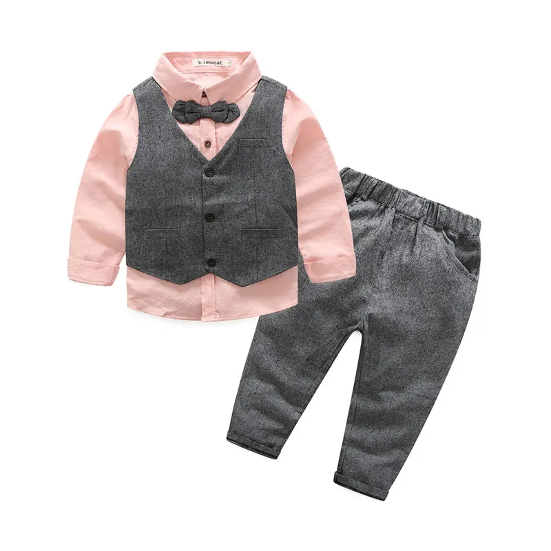 Детские комплекты одежды для мальчиков, демисезонные комплекты одежды для маленьких мальчиков, деловые костюмы из 3 предметов для мальчиков 2-8 лет: рубашка+ жилет+ штаны - Цвет: Розовый