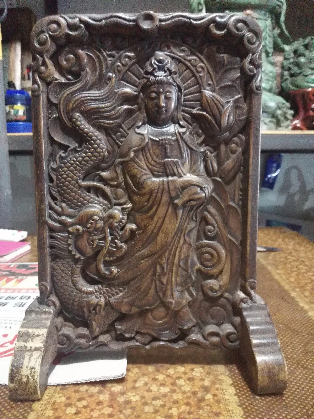 

China dargon guanyin buddha statue screen partition Tabletop decoration Natural stone crafts gift home decoration