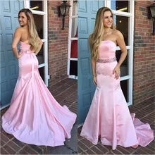 Elegante Rosa Satin Nixe-abschlussball 2016 Perlen Schulterfrei Backless Abendkleid Abnutzung Sweep Zug
