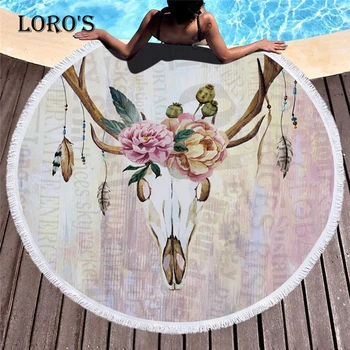 

Indian Style Beef Bone Printing Beach Towel Round Tassels Microfiber Yoga Mat Bath Towel Picnic Blanket Mat Tapestry 150*150CM