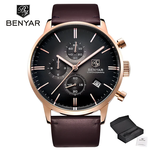 New Benyar Men's Watches Multi-Function Wristwatches Mens Top Luxury Brand Watch Male Sport Quartz Chronograph Relogio Masculino - Цвет: gold black