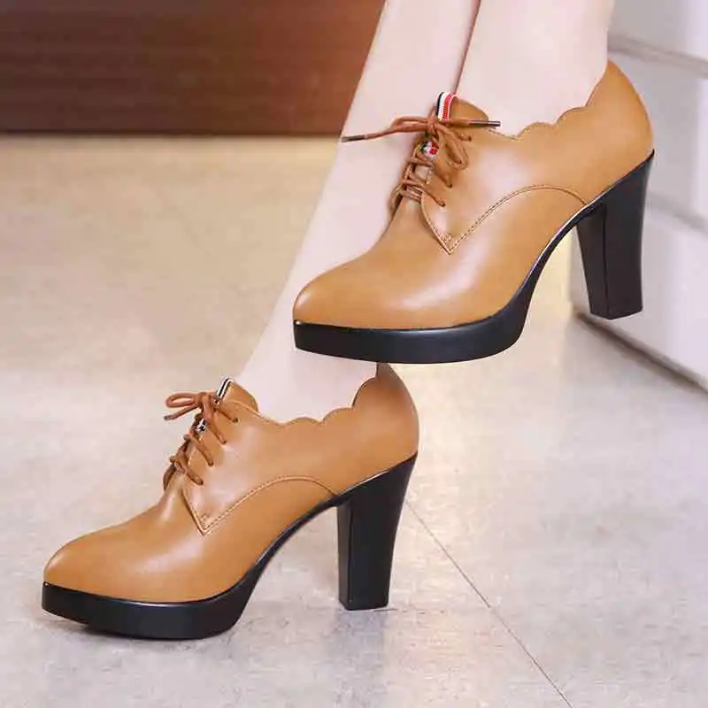 

Plus Size 32-43 Pointed Toe Leather Shoes Woman High Heel Oxfords 2018 Deep Block Heels Pumps Platform Office Shoes Black Heel