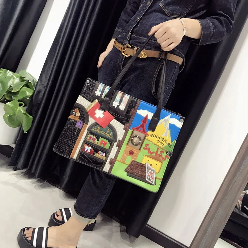 

Splicing Shoulder Bags Large Capacity Messenger Bag New Cartoon Personalized Embroidery Tote Bag Italian Designer Limited Sale