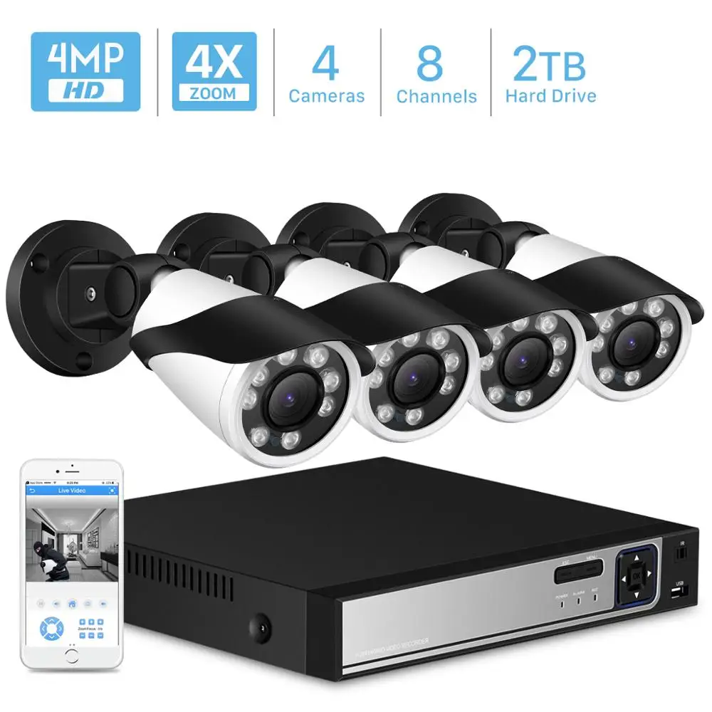 BESDER H.265 8CH PoE NVR Kit Система видеонаблюдения 4 шт. 4MP 2MP 4X Автоматический Зум