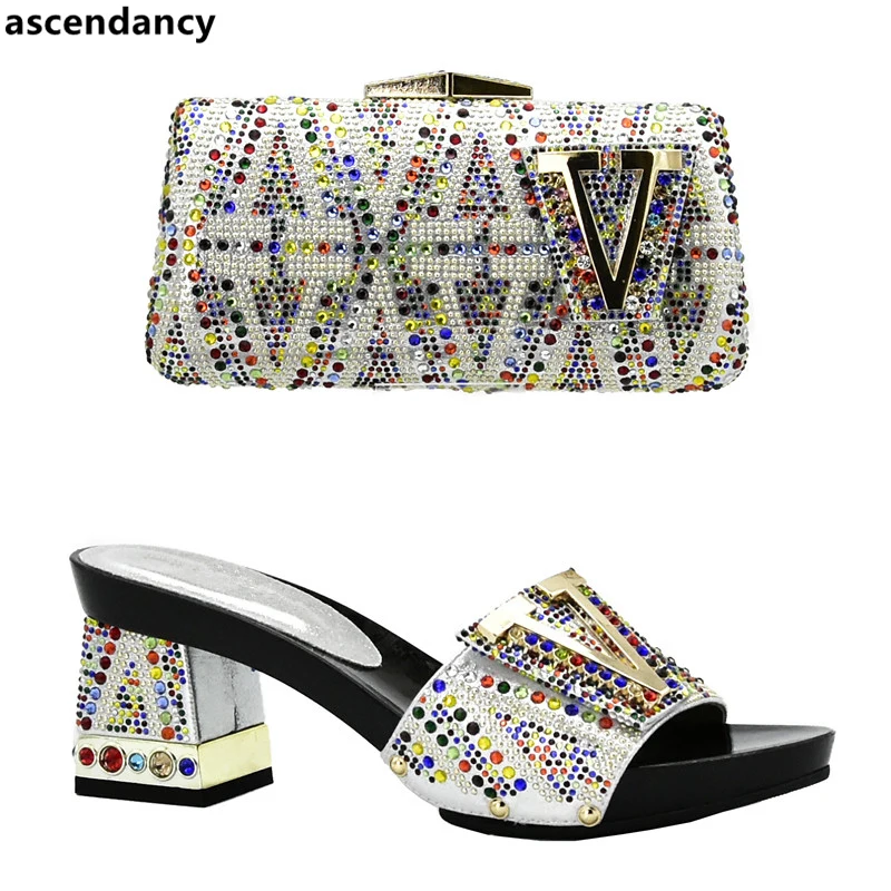 

Nigerian Party Shoes and Bag Sets African Women Wedding Shoes and Bag Set Decorated with Rhinestone Italian Ladies Shoes and Bag