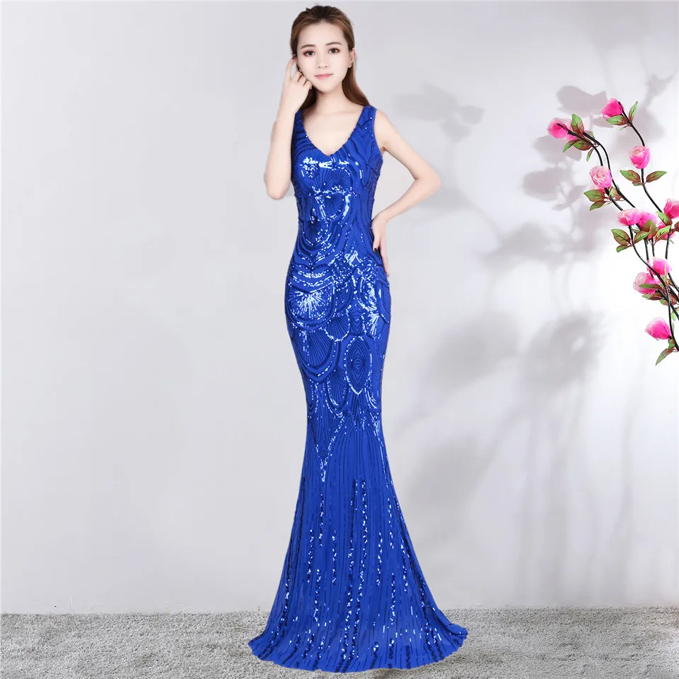 It's Yiiya Evening dress V-neck Floor-length Sequined Trumpet Party Gowns Sexy Zipper back sleeveless Mermaid Prom dresses C163