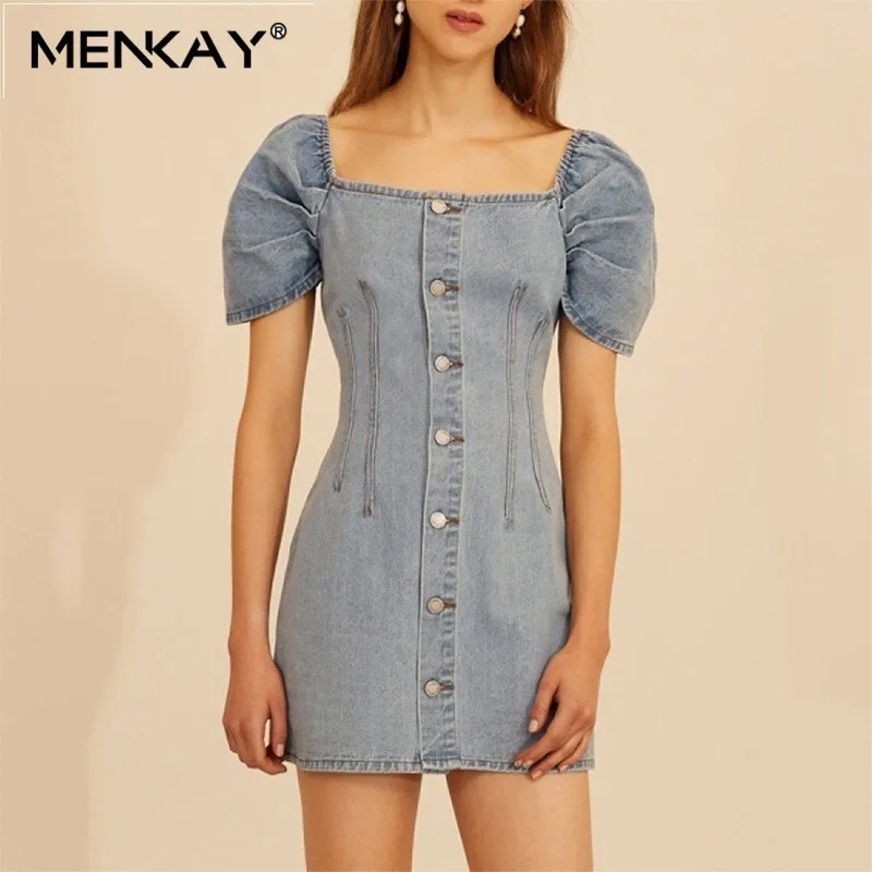 

[MENKAY] Casual Solid Denim Beach Dress Women Square Collar Puff Sleeve Slim Button Mini Dresses Female Fashion Clothes Summer