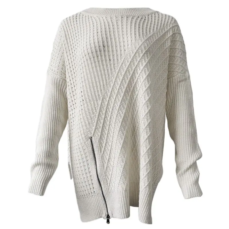 Women Off Shoulder Batwing Zipper Sweaters Oversized Pullover Loose Knit Jumper Winter Warm Swearer