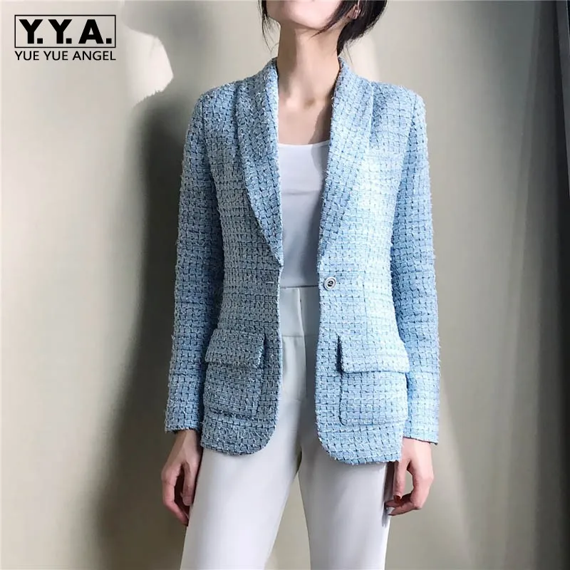 2020 Spring Womens Blaze Tweed Blue Plaid Slim Tailoring Professional Woman Thin Coat High-end Silk Lining Top Blazers Jacket | Женская