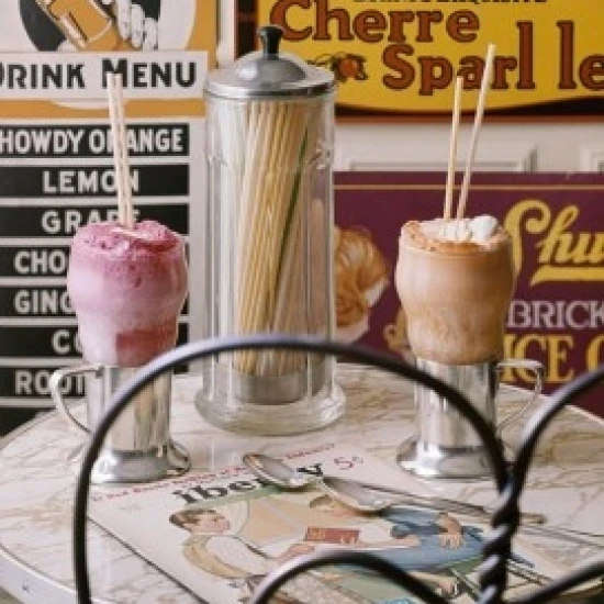 Close-up of two glasses of ice cream and a jar on a table Poster Print (24 x 36)