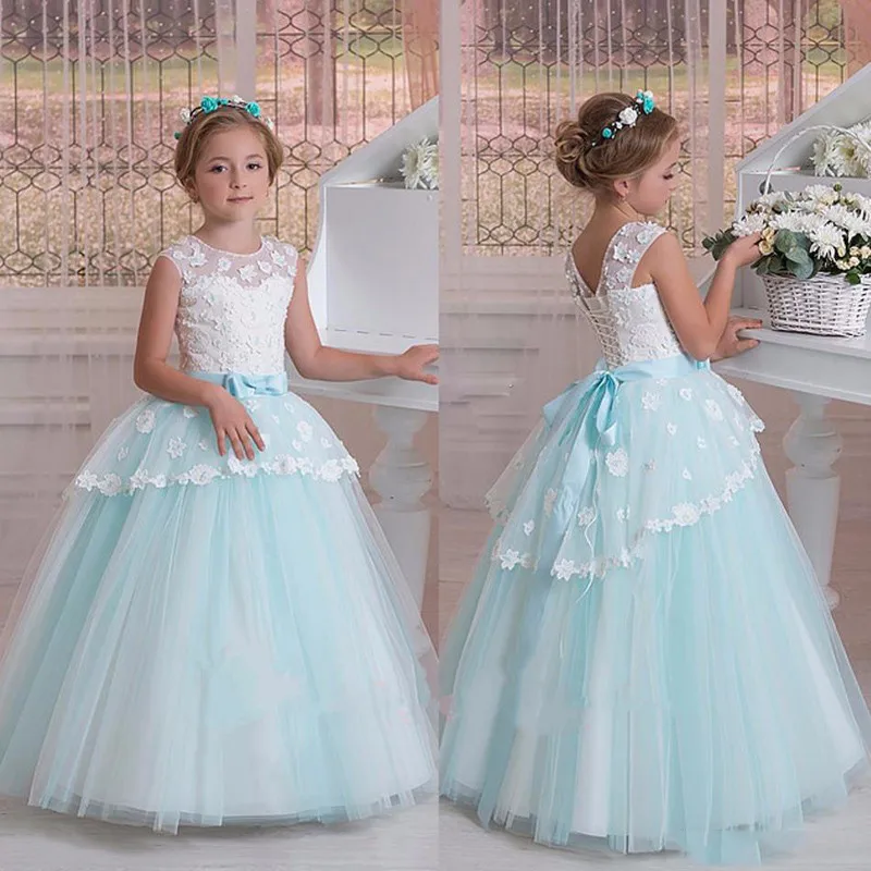New Sky Blue Tulle Flower Girl Dresses For Weddings Lace Ball Gown