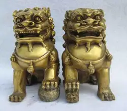 Китайский Красивые Коллекционные Оформлены китай Семья Фэн-Шуй Медь латунь Дверь Foo Собаки талисман лев зверь Пара статуя