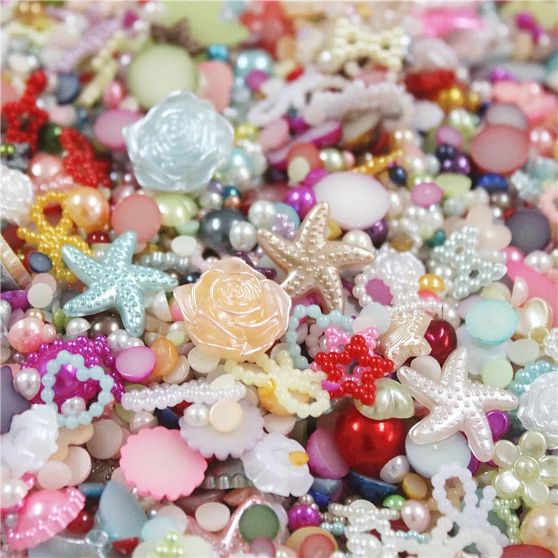

Mixed Size 200pcs Random Half Round Pearls Seastar Rose Rhinestone Imitation Flatback Loose Beads Gem Garment Beads DIY Craft