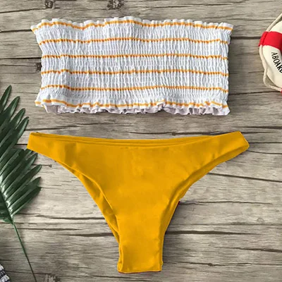 Bikinswimsuit, летний женский комплект с бюстгальтером, сексуальный полосатый принт, гофрированный, стрейчевый, обтягивающий, на груди, без косточек, высокоэластичное нижнее белье - Цвет: yellow