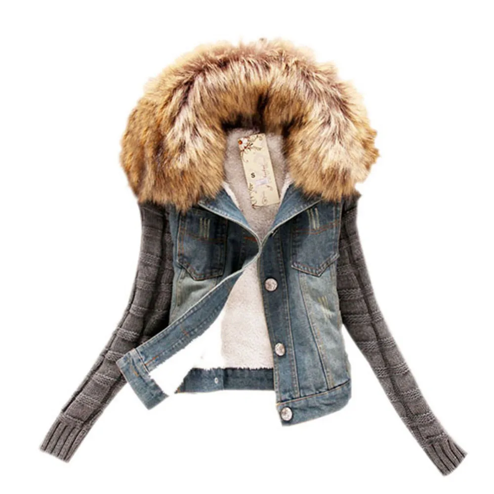 

Women Girls Winter Cool Slim Warm Jeans Jacket Cowboy Coat With Faux Fur Collar