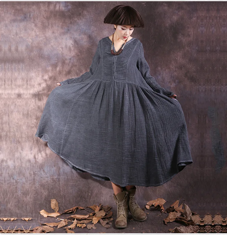 NINIWONDERLAND осеннее хлопковое льняное винтажное длинное платье для женщин с v-образным вырезом и длинным рукавом, свободные платья, весеннее Повседневное платье большого размера - Цвет: gray