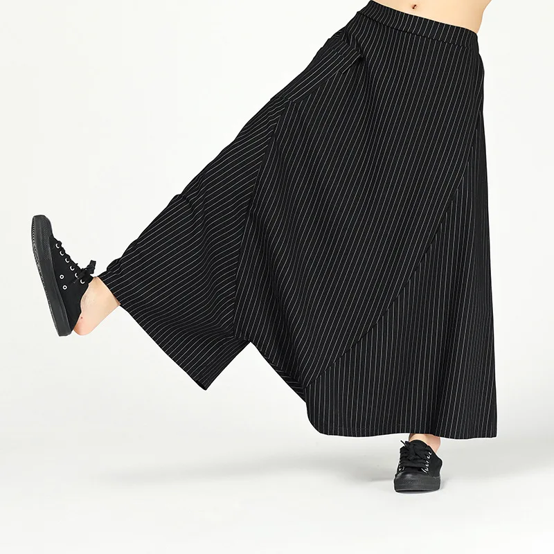 

LANMREM 2019 Spring autumn Women Striped Patchwork Pocket Elastic Waist Cross-pants Female Loose Trousers Fashion Bottoms TA941