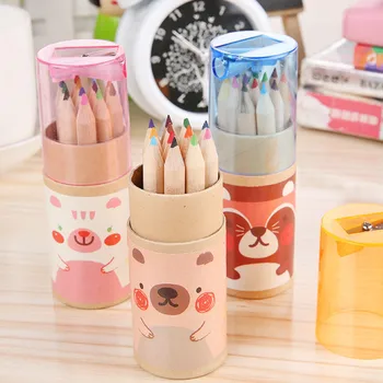 

Free Shipping 3 Barrels/36 pieces Wooden Colored Pencil 12 Colors With Sharpener Set Rainbow Color pens Fashion gift for kids