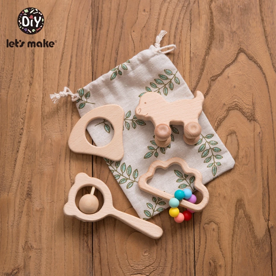 Faisons 4 pièce/ensemble hêtre en bois dentition jouets Montessori bébé infantile hochets Silicone perles minuscule tige bébé dentition berceau Mobile