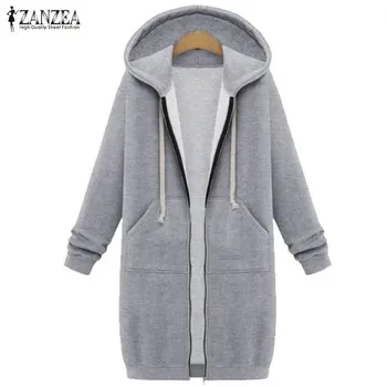 ZANZEA Winter Coats 2017 Fashion Women Long Hooded Sweatshirts Coat Casual Pockets Zipper Solid Outerwear Hoodies Jacket