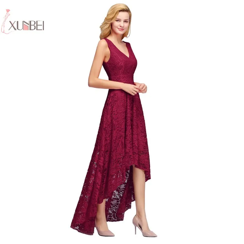 

Stock Elegant Burgundy Sexy Lace Short Evening Dress 2019 Plus Size V Neck Evening Gown vestido de festa