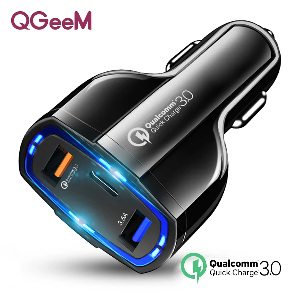 

QGEEM QC 3.0 USB C Car Charger 3-Ports Quick Charge 3.0 Fast Charger for Car Phone Charging Adapter for iPhone Xiaomi Mi 9 Redmi