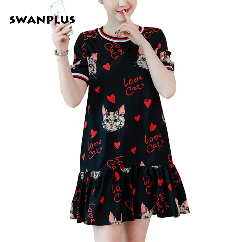 Womens Summer Sweet Dress Black Color Fashion Cat Print 2018 Ladies