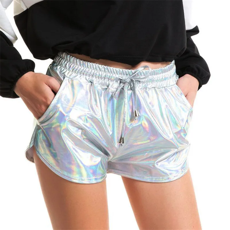 

PU Flashing Metallic Colors Hot Shorts Sexy Elastic Waist Drawstring Short Pants Women Running Jogging Gyms Fitness Sport Shorts
