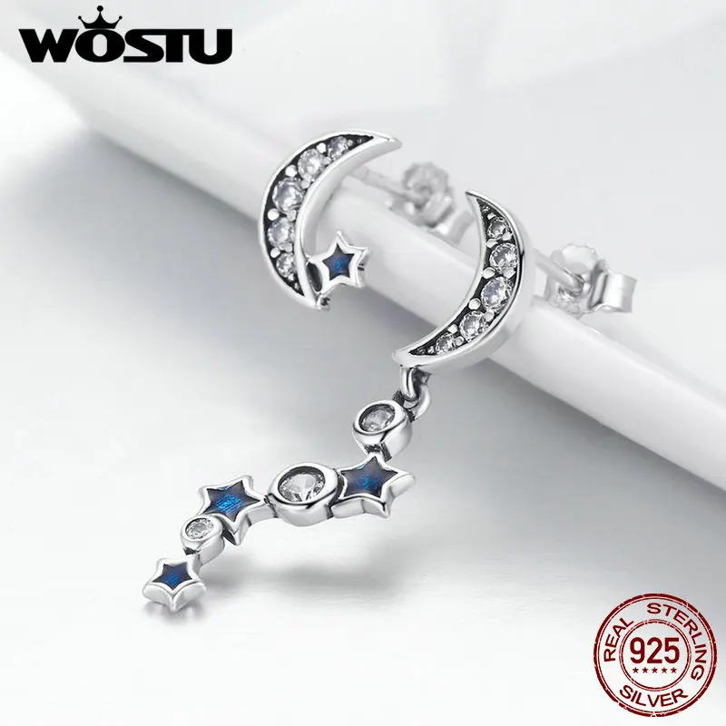 

WOSTU 100% 925 Sterling Silver Wonderful Night Moon & Stars Stud Earrings For Women S925 Jewelry Gift BrinBHs BKE127