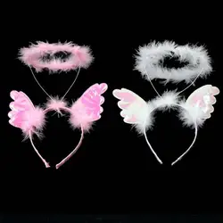 Дети Белый Розовый Марабу перо оголовье с крыльями ангела halo Кольцо для Хэллоуина для свадебной вечеринки