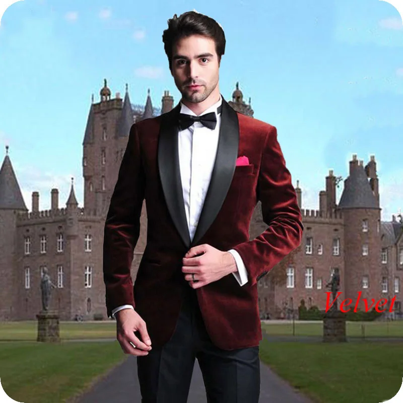 

Smoking Jacket Burgundy Velvet Prom Suits for Men Wedding Groom Tuxedos 2Piece Man Blazers Black Shawl Lapel Terno Masculino