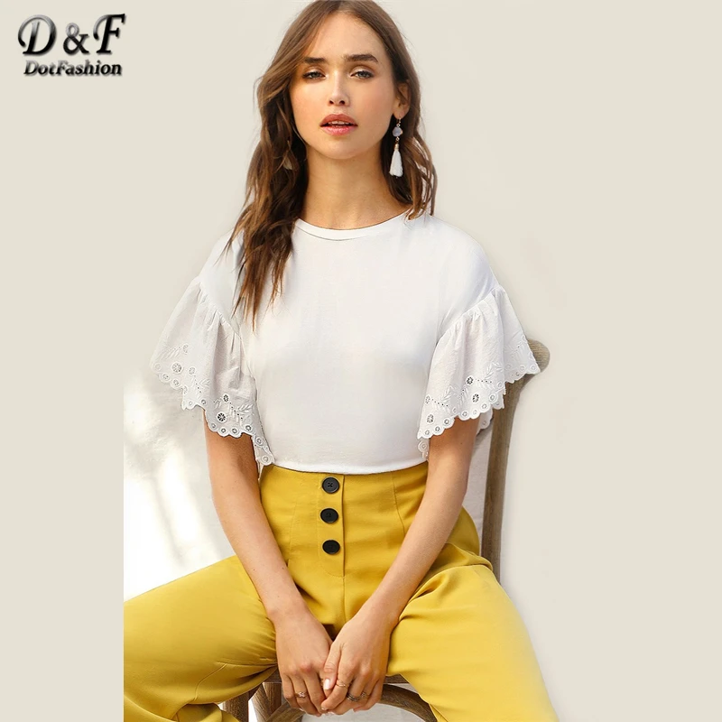

Dotfashion White Scalloped Embroidered Eyelet Cuff Tee Women 2019 Summer Casual Tops Short Sleeve Boho Clothes T-Shirt