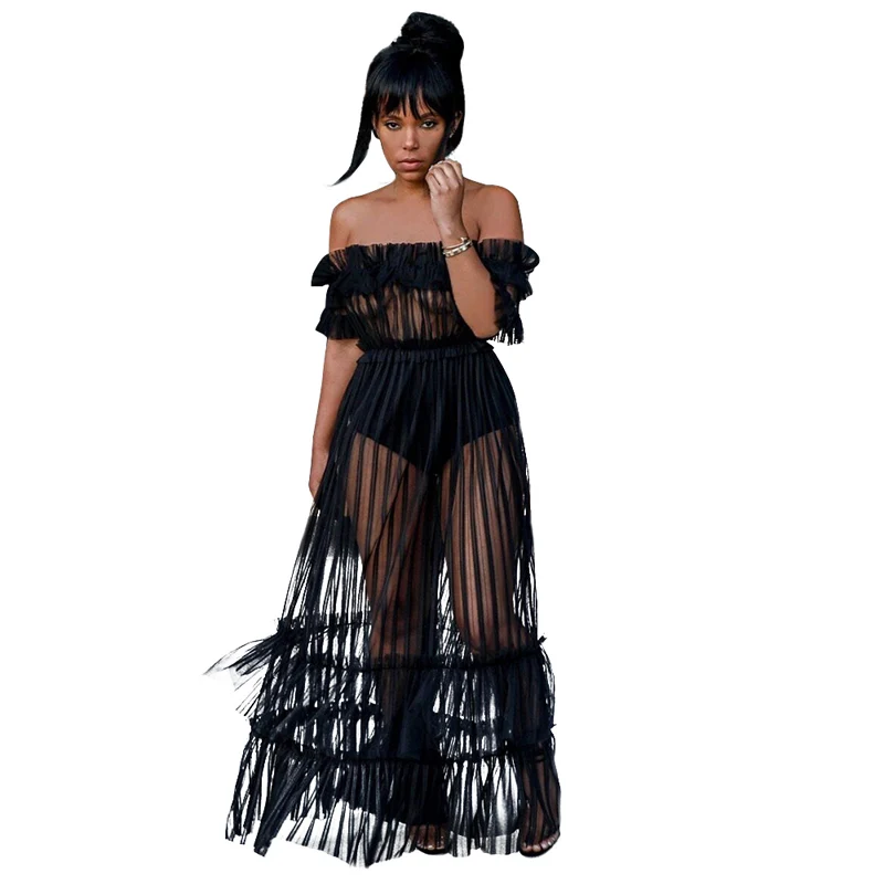 

Women's Summer Dress 2018 Cascading Ruffle Off the Shoulder Party Dress Slash Neck Mesh Perspective Club Sexy Dress Female