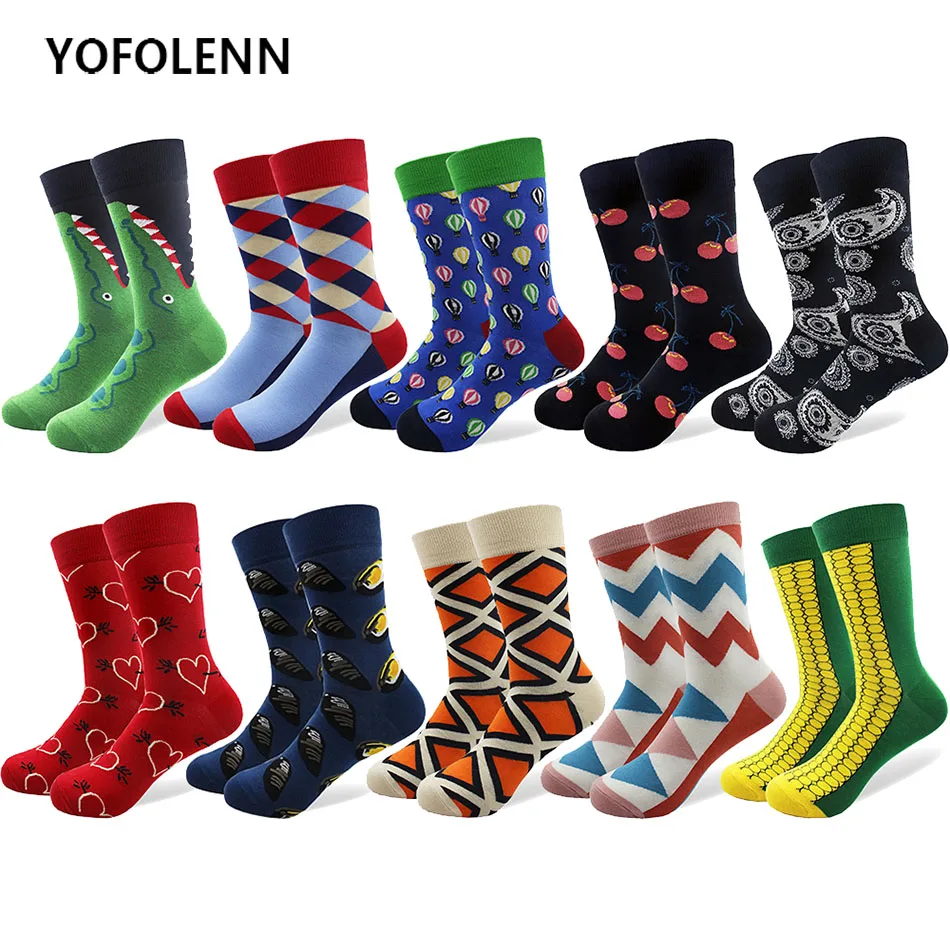 10 pairs/lot Men's Combed Cotton Socks Long Colorful Novelty Crocodile Cherry Square Patterns Wedding Socks Breathable Tube