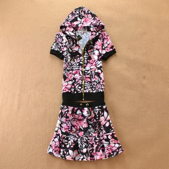 

Colourful Flower Pattern Hooded Tracksuit for Women -one Tops +one Skirt