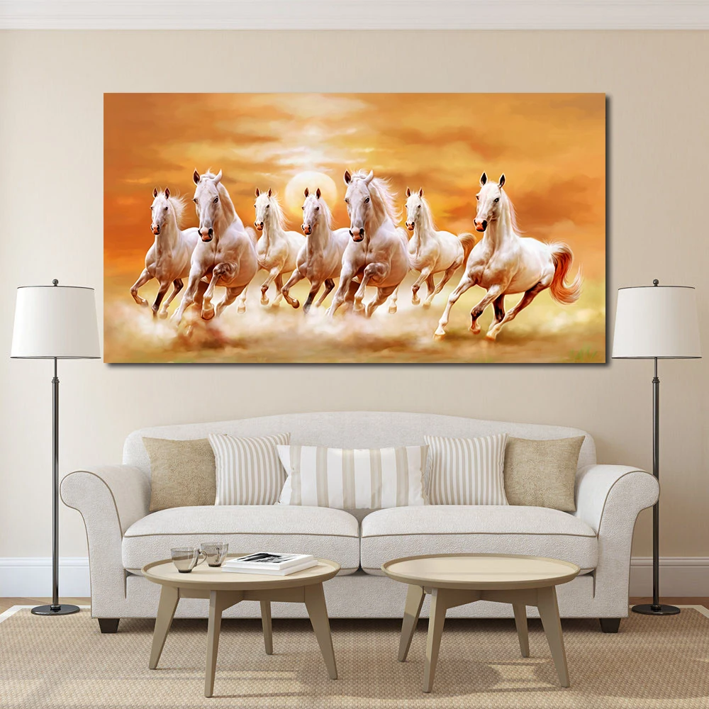 JQHYART семь бегущая Белая лошадь домашние украшения с животными картины на холсте плакаты и принты современные настенные картины для гостиной