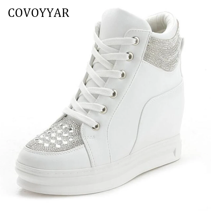 

COVOYYAR Rhinestone Women Sneakers 2019 New High Top Hidden Heel Casual Shoes Lace Up High Quality Women White Shoes WSN683