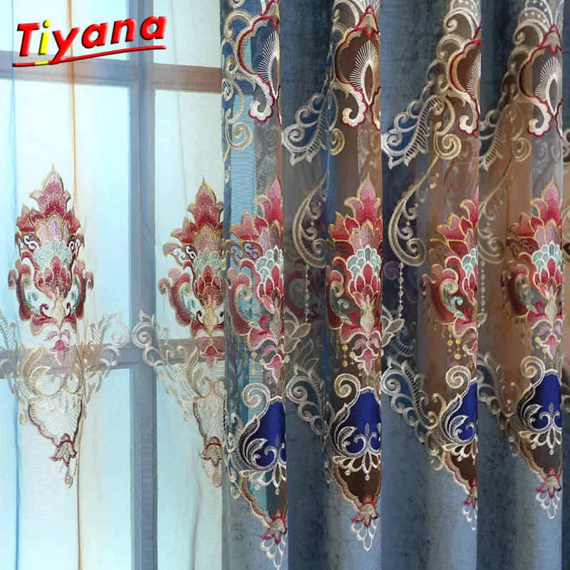 

Luxury Chenille European Style Coffee Semi-blackout Curtains for Living Room Blue Embroidered Tulle Fabric Drapes for Bedroom -4