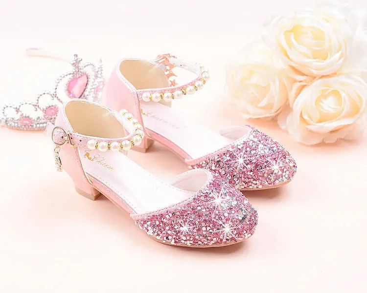Contas de Cristal Sapatos de Dança de Salto Crianças Menina Sapatos Meninas Alto Festa Princesa Tamanho 26-38 Tira Rosa Gzx03 16 Sapatos de couro