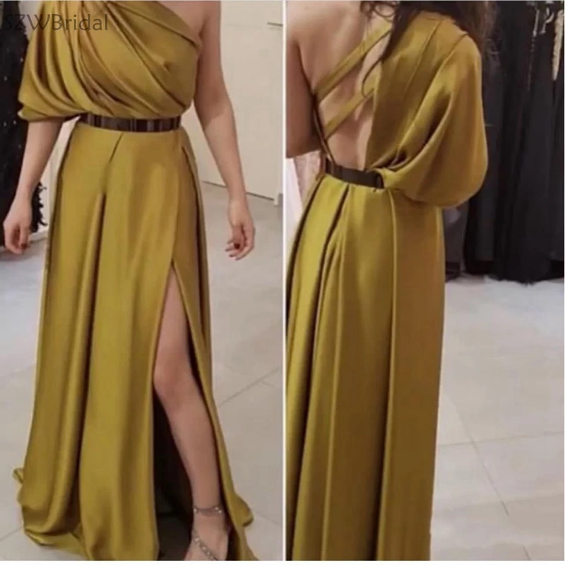 

New Arrival One shoulder evening dress 2019 Robe de soiree Arabic Gold gown Formal evening dresses long Robe soiree long dress