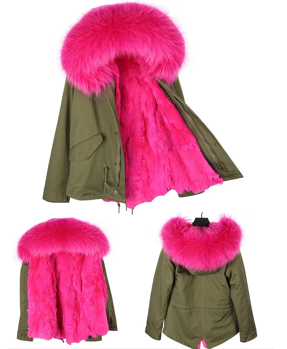 Зимняя куртка Модные женские армейский зеленый воротник из меха енота, куртка-парка с капюшоном, верхняя одежда Съемная подкладка из кроличьего меха