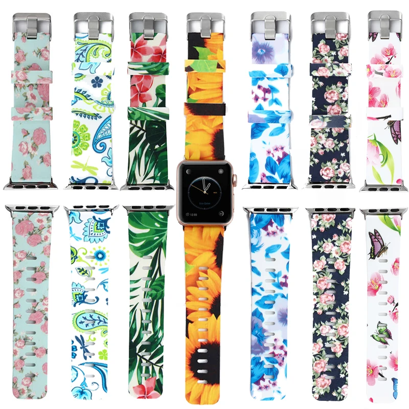 

2019 New Floral Printed Silicone Watchband for Apple iwatch Series 4 3 2 1 Band Strap 40 44 42 38mm Silicone Bracelet wrist belt