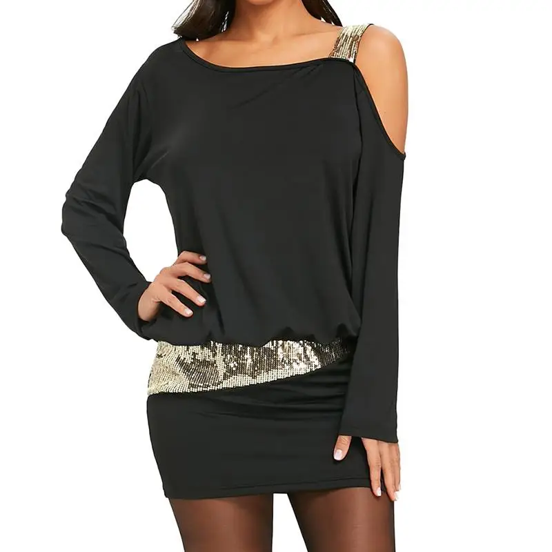 Goede Vrouwen Een Schouder Lovertjes Sexy Lente Mini Korte Jurk 2018 Lange Mouwen Bodycon Feestjurk WS7508V