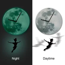 3D Peter Pan Boy Girl Boy Child Room Luminous LED pendulum wall clock Acrylic Moon stickers bedroom wall stickers