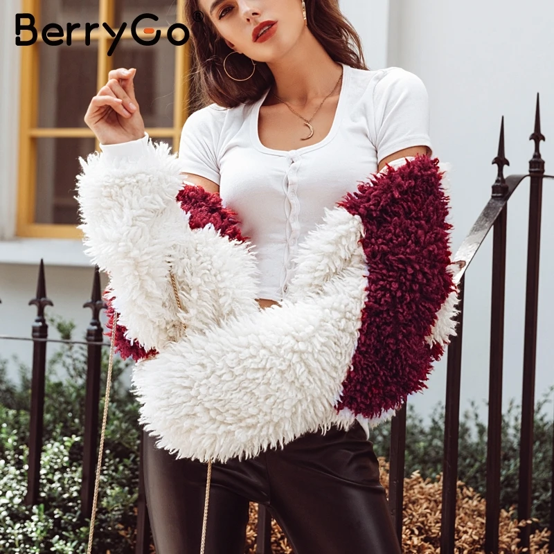 Taille Zipper 2018 Épais Femmes Rouge La Streetwear Red Casual Chaud Femelle Berrygo Faux Fourrure Automne Plus D'hiver White Manteau Pardessus Splice xvTq0n64pw