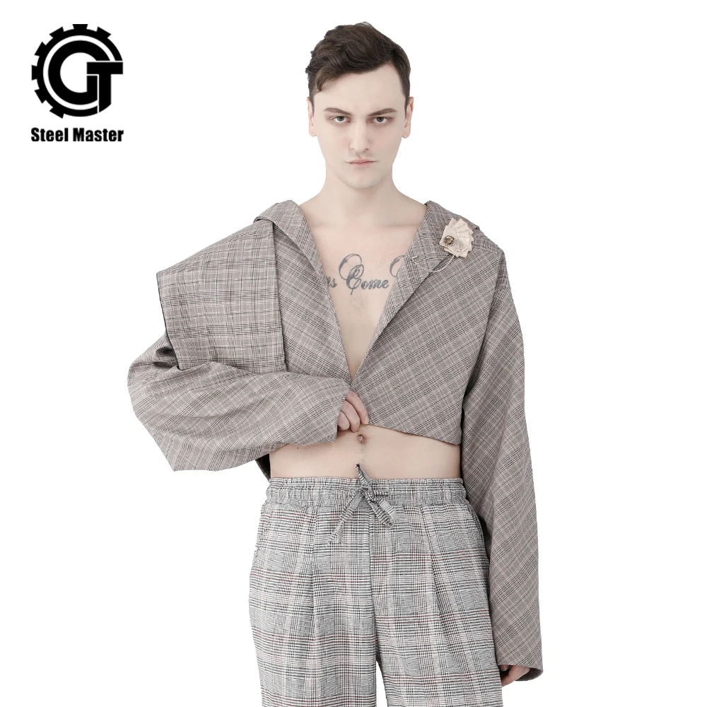

Punk Autumn New Retro Lattice Silhouette Temperament Loose Thin Short Chic Small Suit Gothic Men Short Coat