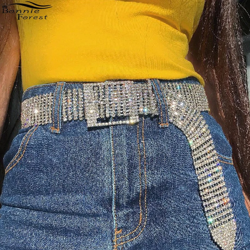 

Bonnie Forest Fashion New Women's Silver Rivet Belts Lady Sequins Metal Buckle Wide Metal Rivet Night Belt Clothing Accessories
