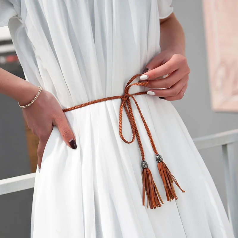 New Fashion Ladies Long Belts PU Braided Hand woven Belt Tassels