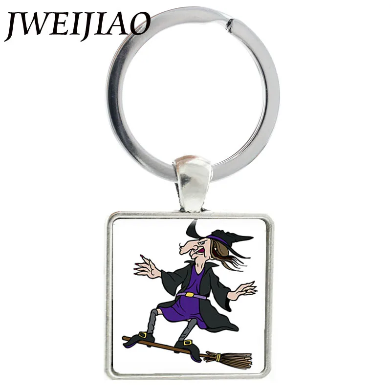 

JWEIJIAO Cartoon Witch Wizard Art Picture Glass Cabochon Keychains Square Metal Charms Pendant Halloween Jewelry Gift J600